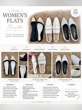3-Pair Women's Flats Bundle — Black & Cream, White/Ivory, Gray/Black